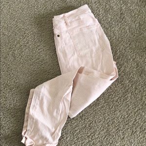 High waisted pink and white stripe ankle jeans